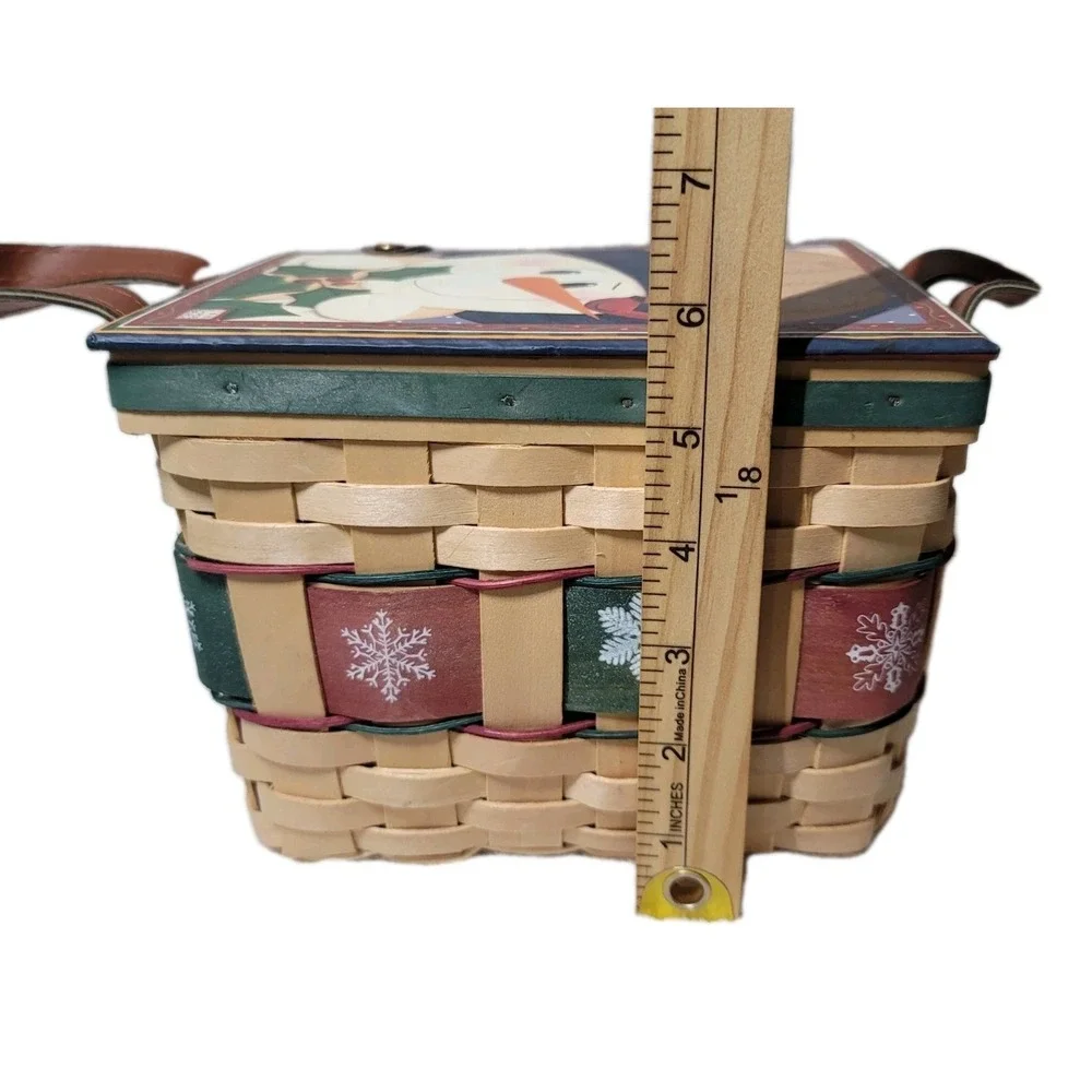 2 Christmas Baskets With Snowman Lg. & Sm Jan Shade Beach Weaved Leather Handles